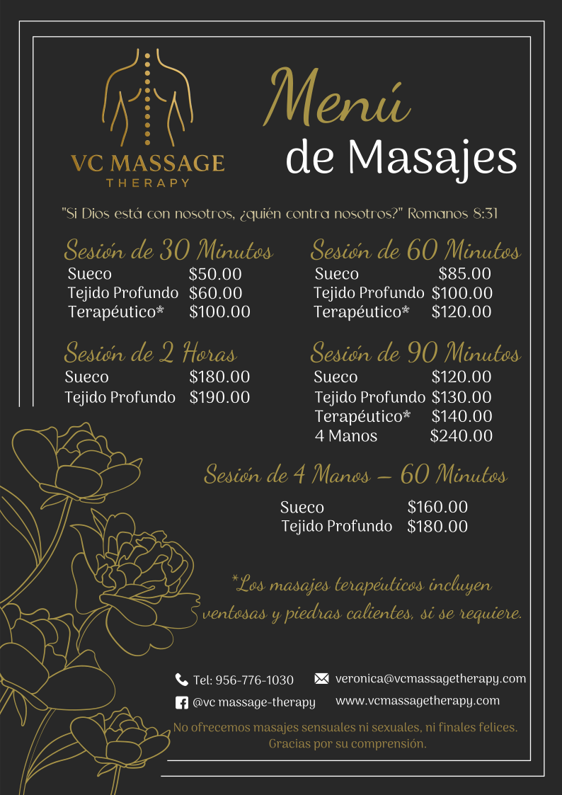 Spanish massage menu
